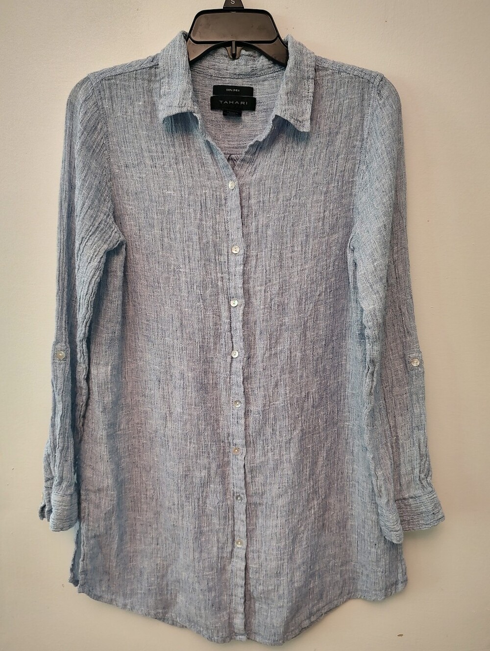 Tahari Blue Linen Button Up Shirt Small
